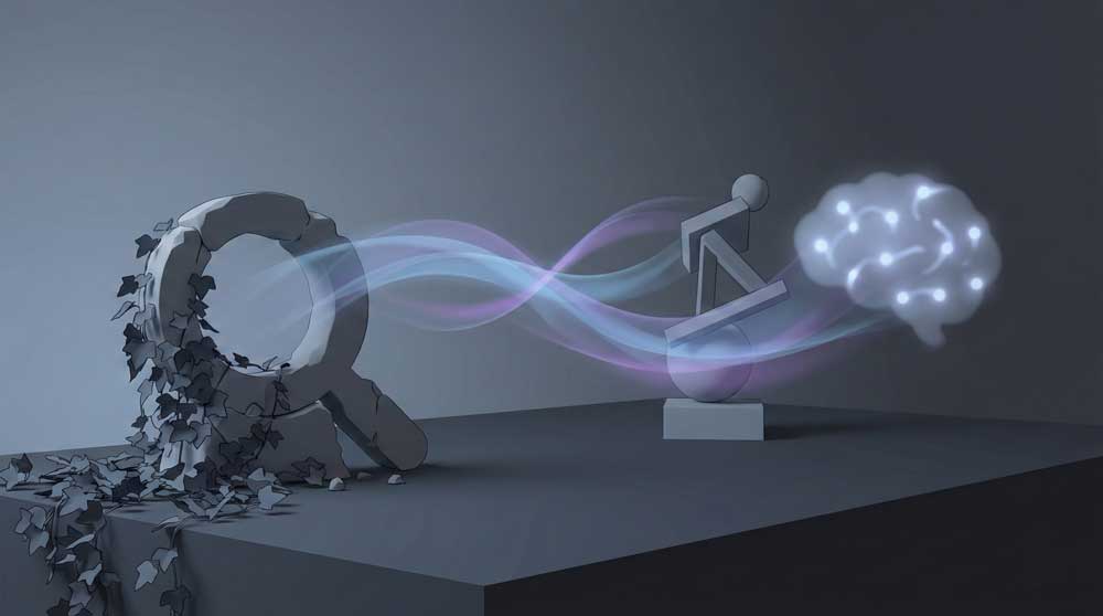 Illustratie: stenen vergrootglas transformeert in digitaal brein, symbool voor AI