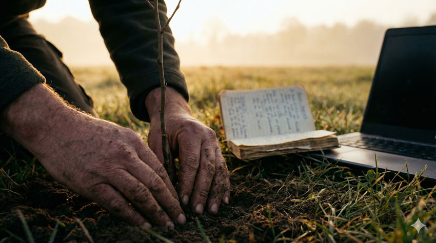 close up van een paar handen die een jonge boom planten