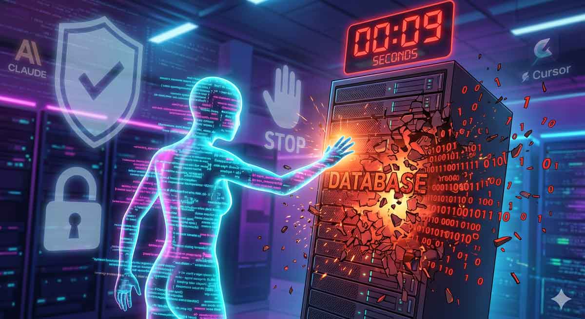 Illustratie van een digitale AI-agent bestaande uit code die een database-server aanraakt, waarna deze in stukken breekt