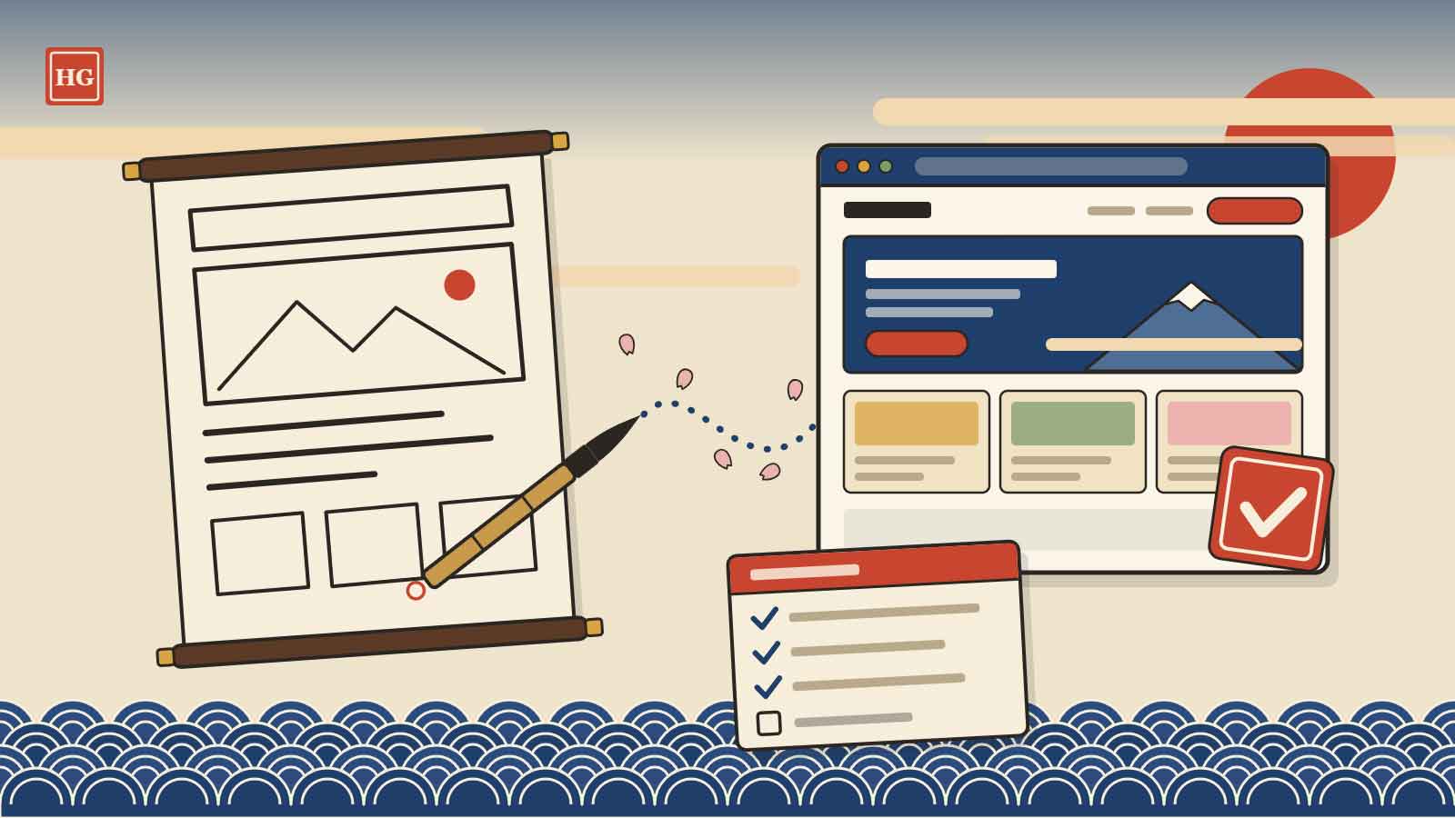 Japanse prentstijl: handgeschilderde websiteschets die via bloesemblaadjes overgaat in een afgewerkte website