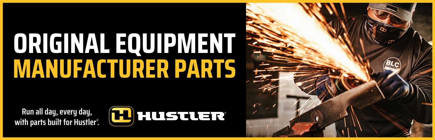 Hustler OEM Parts Messaging. Image of landscaper sharpening mower blades. 