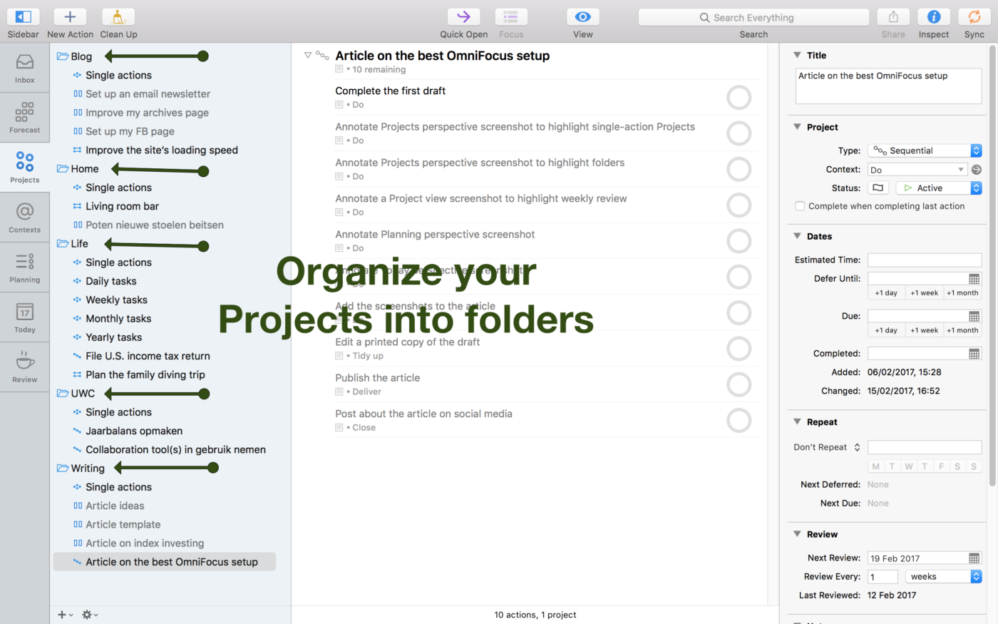 Screenshot of my Projects organized into folders.