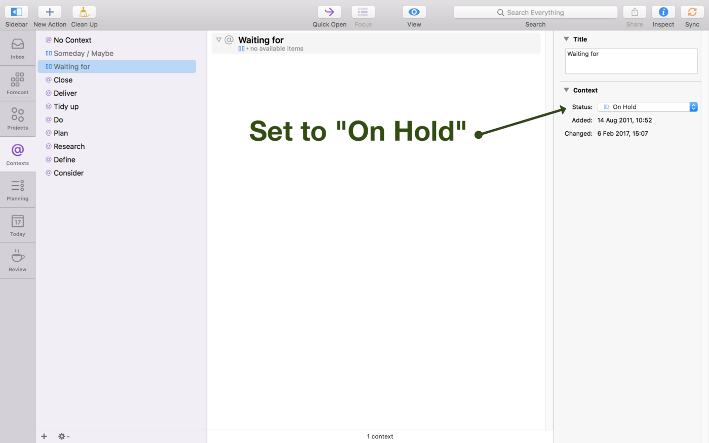 A screenshot of setting the task status to "On Hold" in the Waiting for context.