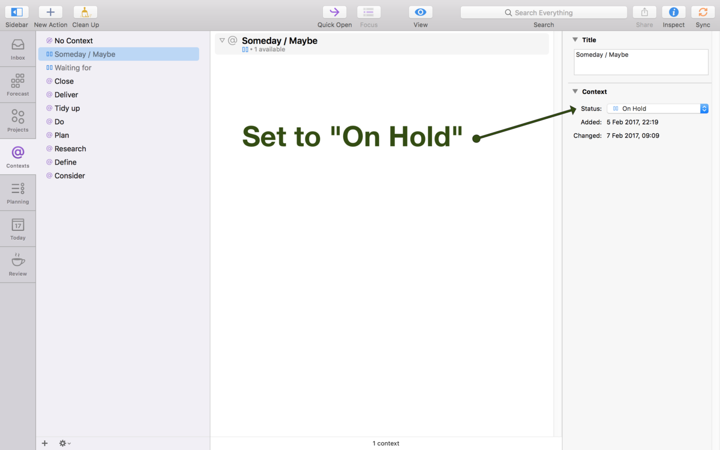A screenshot of setting the task status to "On Hold" in the Someday / Maybe context