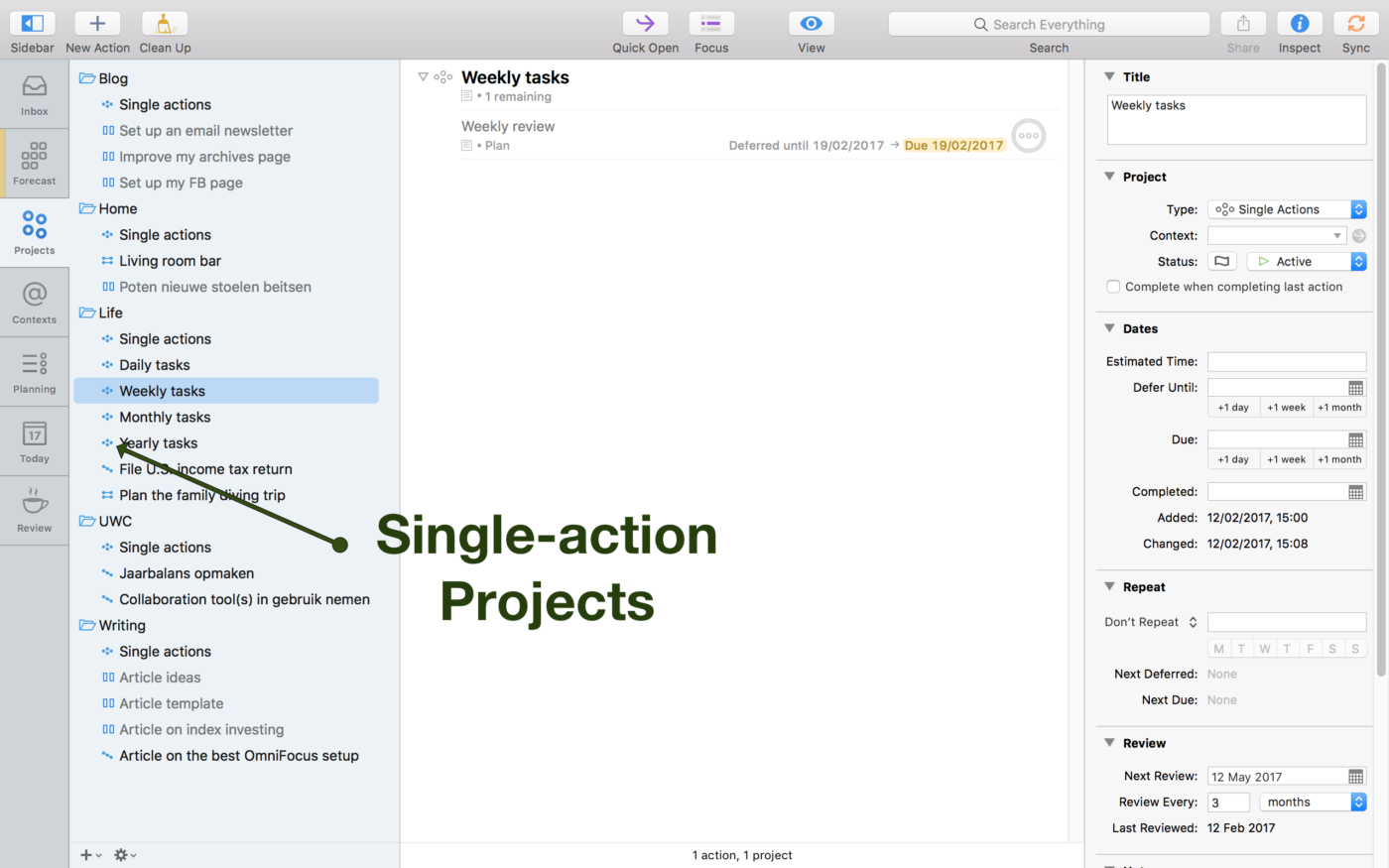 Screenshot emphasizing single-action Projects