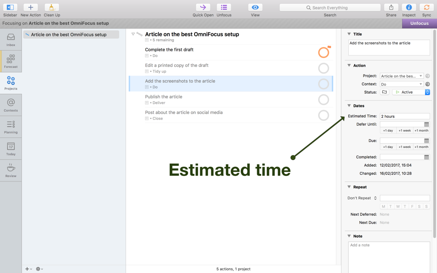 Screenshot of using the Estimated Time feature