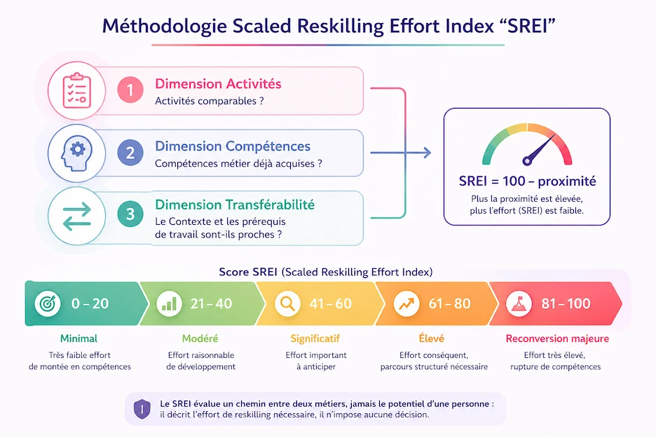 Méthode SREI (Scaled Reskilling Effort Index) : indice mesurant en pourcentage l'effort de reskilling nécessaire pour franchir une passerelle métier, d'un score bas pour une passerelle courte à un score élevé pour une passerelle longue