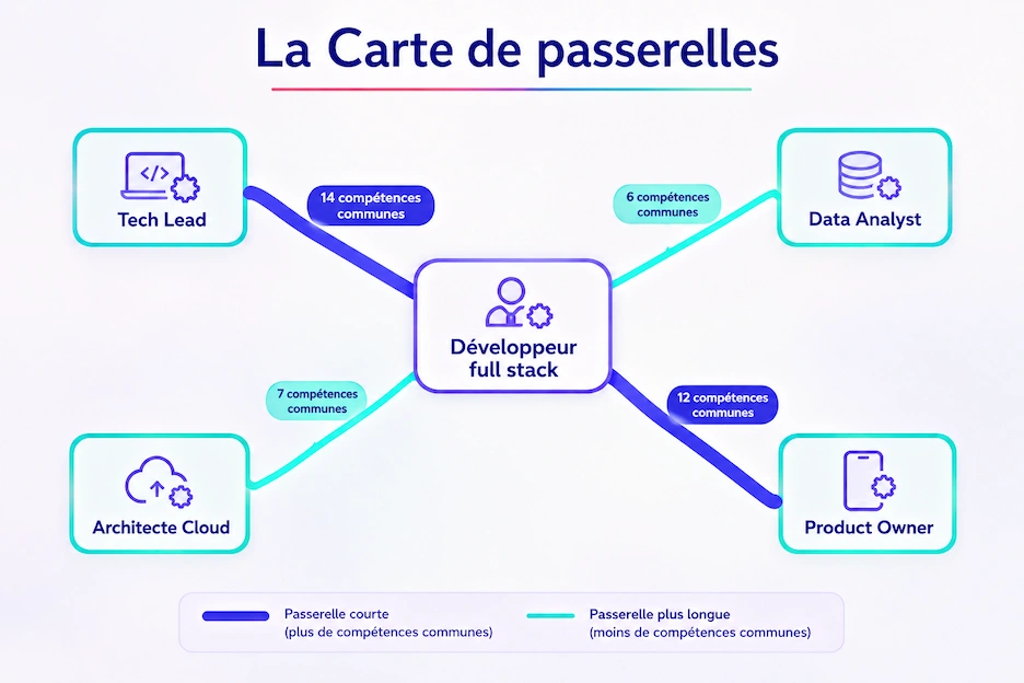 Carte des passerelles métiers d'un développeur full stack vers quatre métiers cibles, chaque passerelle reflétant la proximité de compétences entre le métier source et le métier d'arrivée