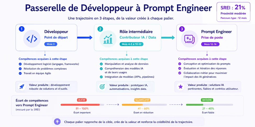Trajectoire de passerelle métier d'un développeur vers un poste de prompt engineer : parcours par étapes sur douze à seize mois via un rôle intermédiaire, avec l'écart de compétences qui se réduit à chaque palier