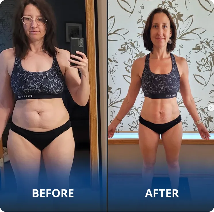 GFIT client Heather — before and after transformation, coached by Lana
