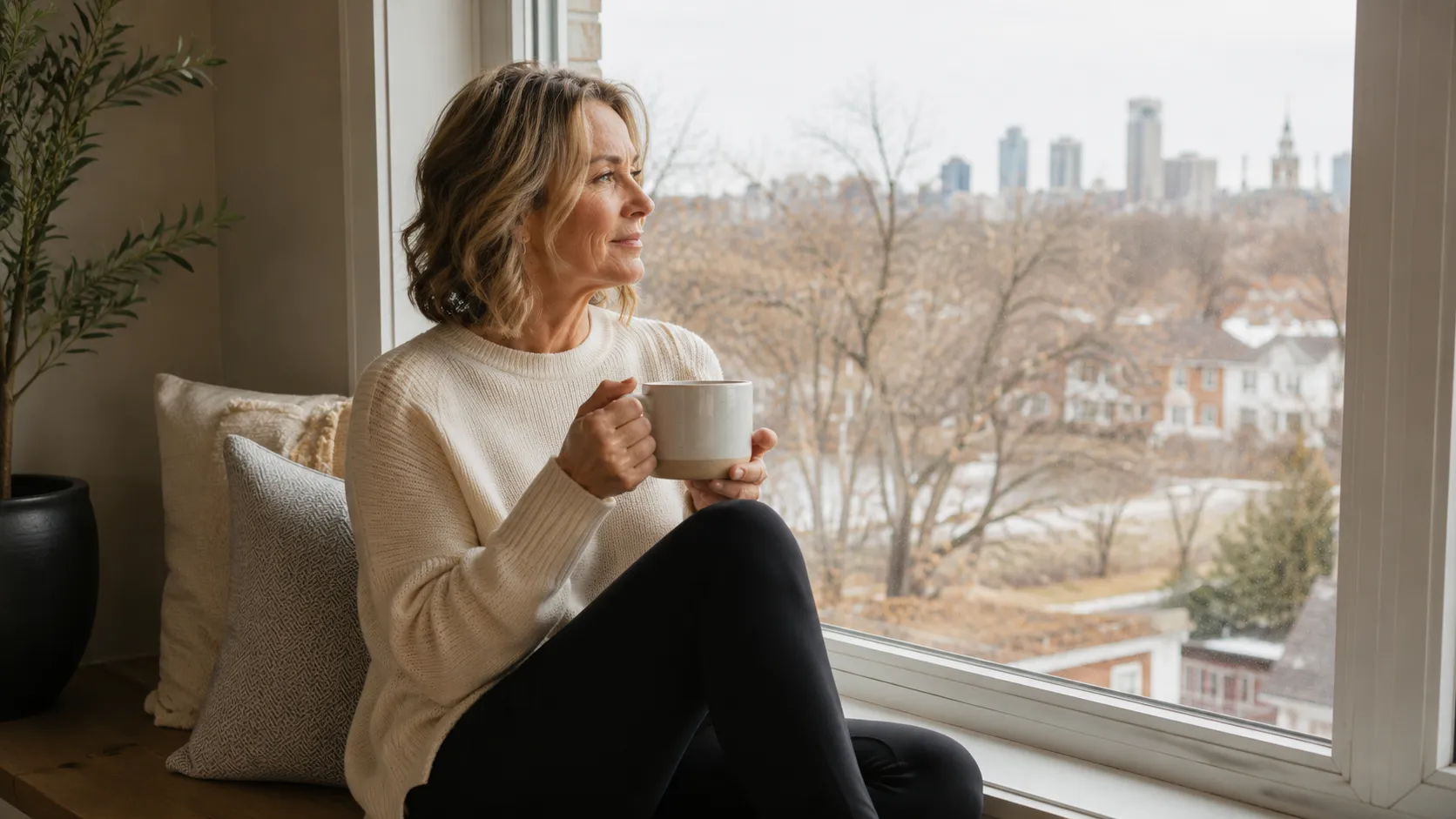 A woman in her early 50s sitting on a window bench with a cup of tea, contemplating menopause and weight changes.