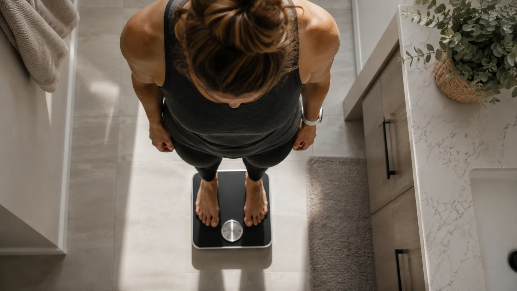 Person in workout clothes standing on a bathroom scale, viewed from above, representing a fat loss plateau.