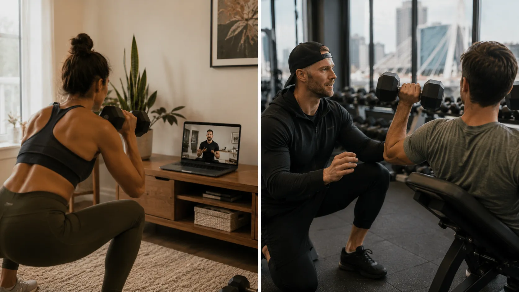 Split-screen showing online fitness coaching at home with a laptop alongside in-person personal training at a Winnipeg gym.