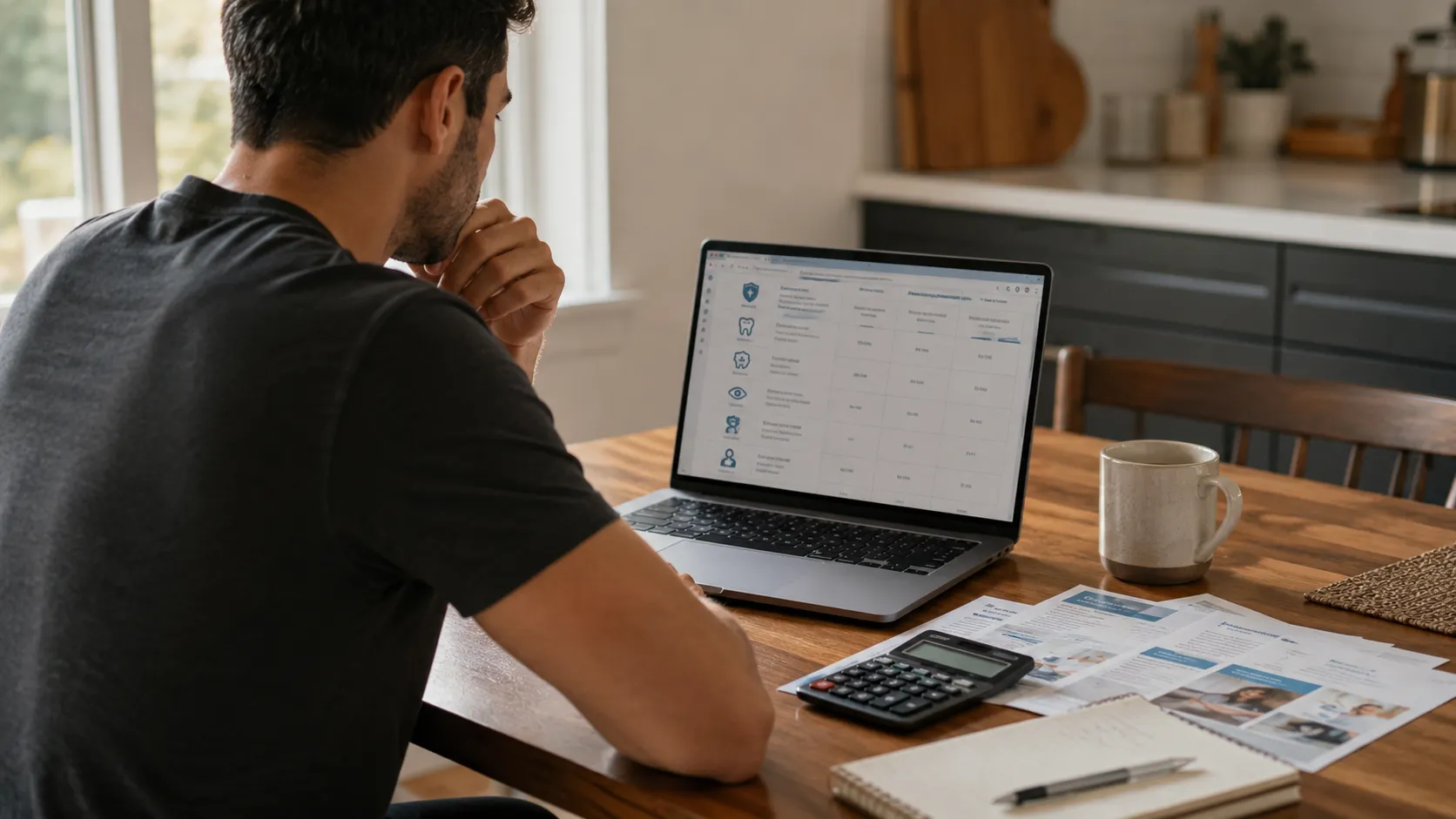 Person reviewing extended health benefits paperwork on a laptop at a kitchen table with a calculator and coffee nearby.