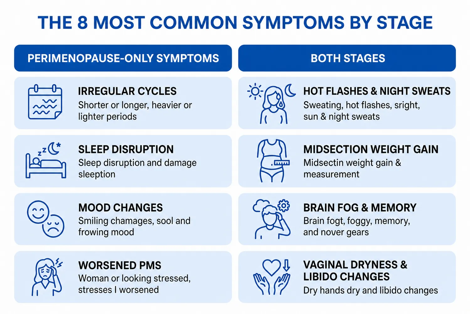 The 8 most common menopause symptoms by stage. Perimenopause-only: irregular cycles, 3 am sleep wakeups, mood changes and anxiety, worsened PMS. Both perimenopause and menopause: hot flashes and night sweats, midsection weight gain, brain fog and memory lapses, vaginal dryness and libido changes.