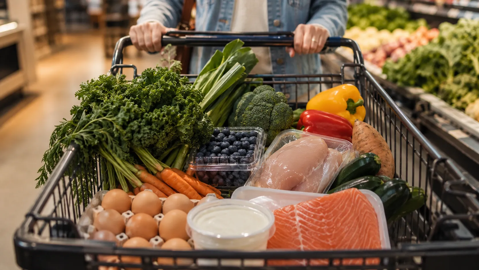 Grocery cart filled with whole foods for perimenopause: vegetables, lean proteins, berries, Greek yogurt, and eggs.