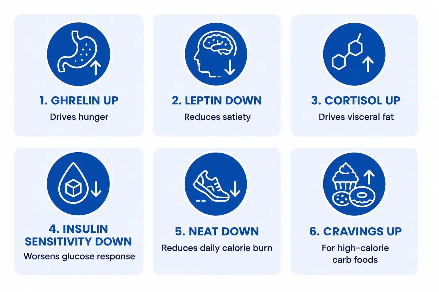 6 ways disrupted sleep drives weight gain in perimenopause: ghrelin rises increasing hunger by 200-400 calories, leptin falls reducing satiety, cortisol rises driving visceral fat storage, insulin sensitivity declines, NEAT drops reducing daily calorie burn, cravings for high-carb foods increase.