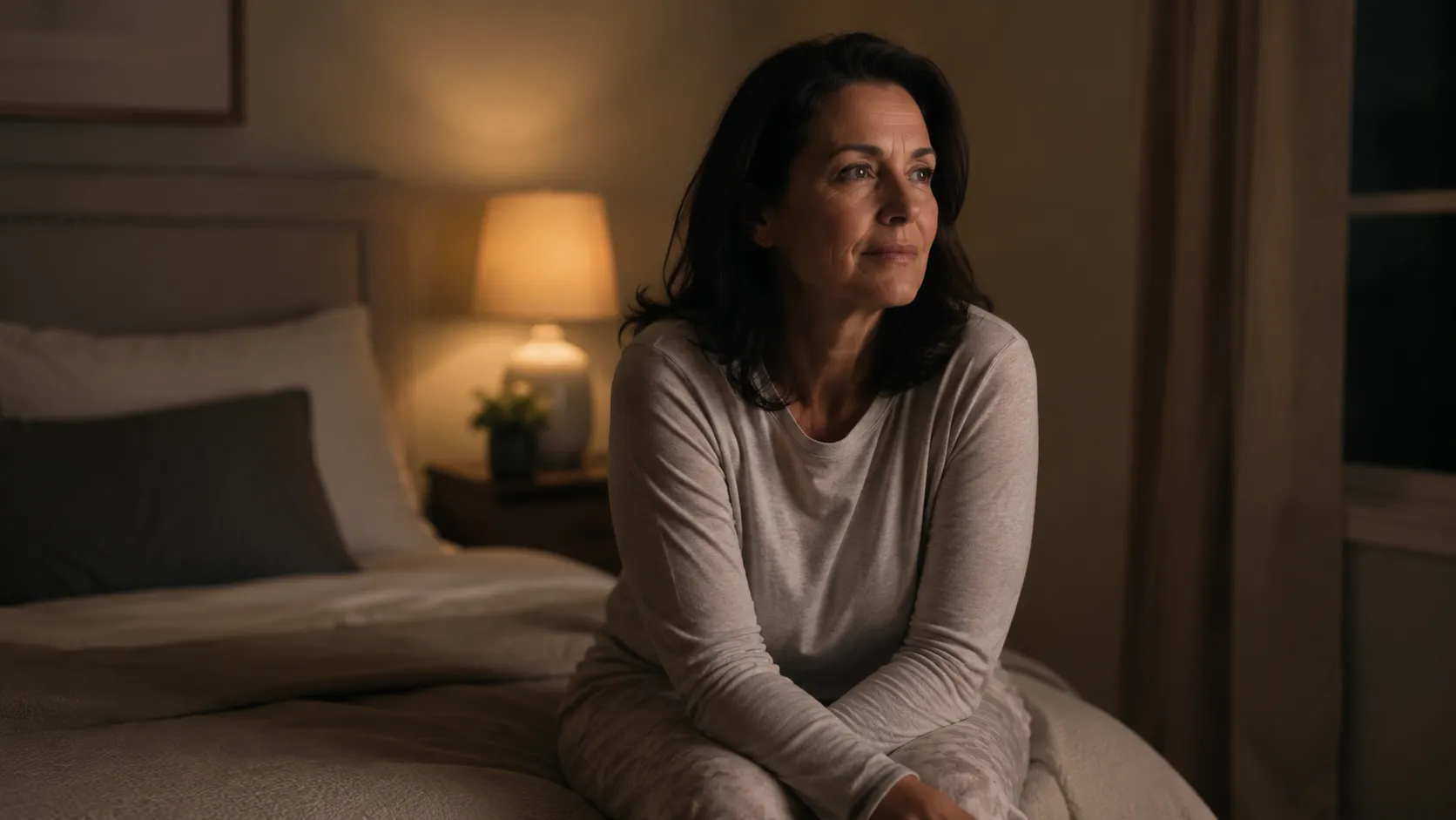 Woman in her late 40s sitting on the edge of her bed in early morning hours with soft lamp light, contemplating perimenopause sleep disruption.