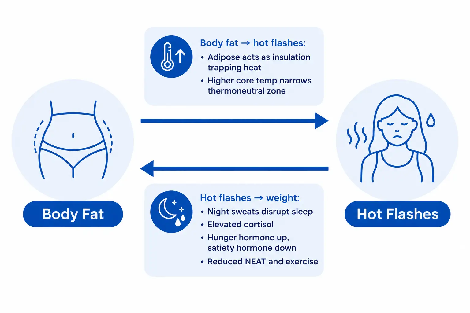 The bidirectional link between body fat and hot flashes. Body fat intensifies hot flashes through insulation and higher core temperature. Hot flashes drive weight gain through sleep disruption, elevated cortisol, higher hunger hormones, lower satiety, and reduced daily movement.