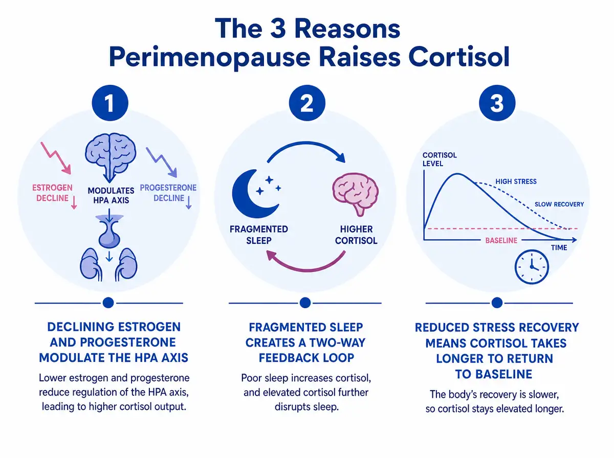 3 reasons perimenopause raises baseline cortisol: declining estrogen and progesterone make the brain more reactive to stressors, fragmented sleep and cortisol form a two-way feedback loop, reduced stress recovery means cortisol takes longer to return to baseline.