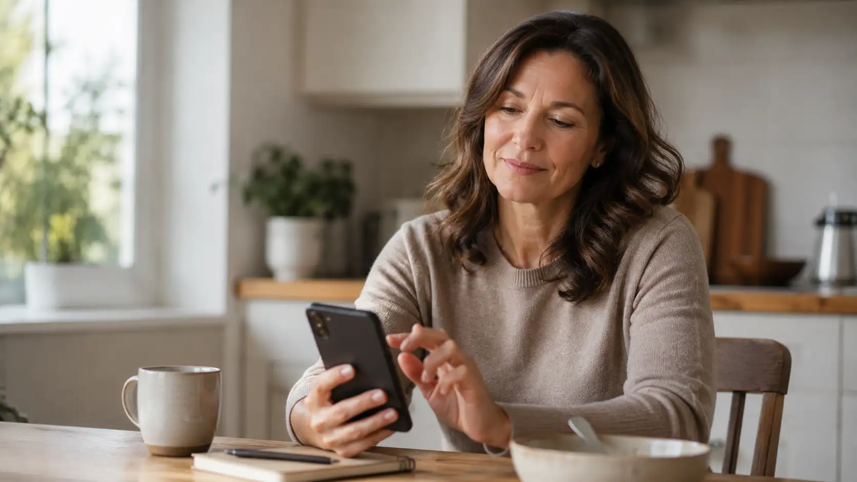 Woman in her late 40s closing a calorie tracking app on her phone at a kitchen table, representing stepping back from daily calorie tracking.