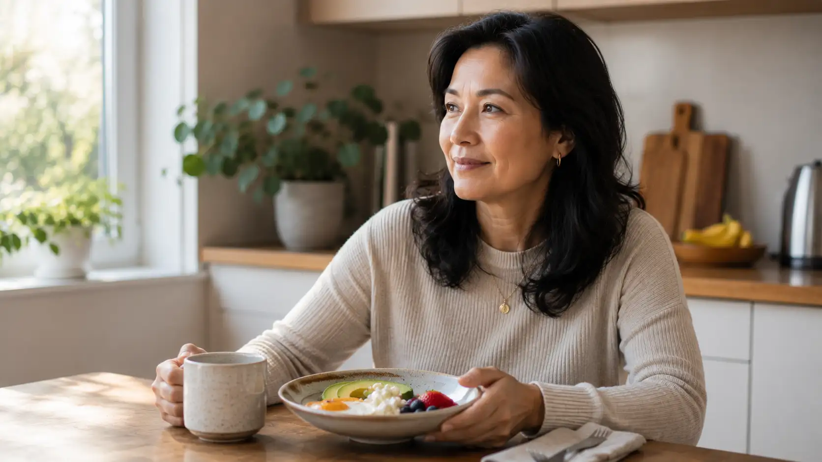 Woman in her late 40s at a kitchen table with coffee and a protein-rich breakfast plate, representing perimenopause energy management.
