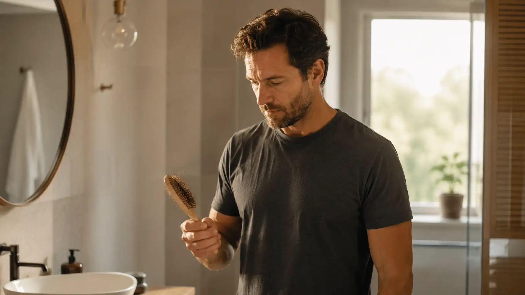 A person looking thoughtfully at a hairbrush in a bathroom in soft morning light.