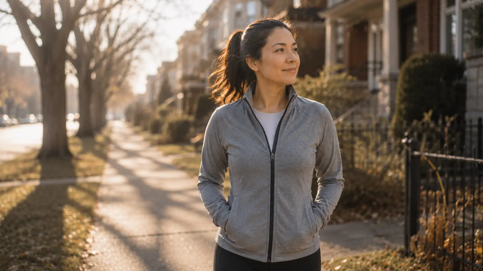 A woman on a morning walk through a Winnipeg neighbourhood in casual athletic wear, soft natural light.