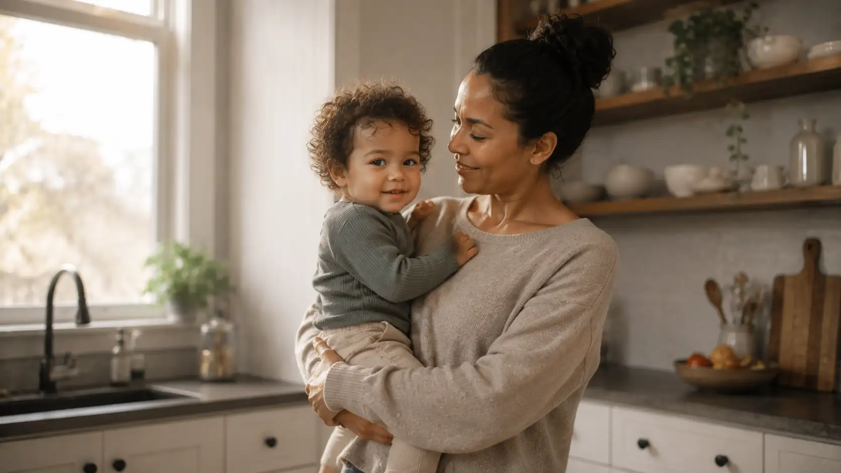 A mother holding a small child in a bright kitchen with natural morning light.