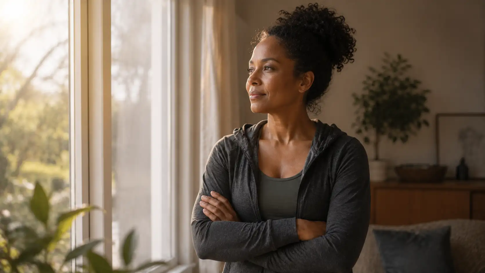 A woman standing at a window in athletic loungewear with a calm reflective expression, morning light.