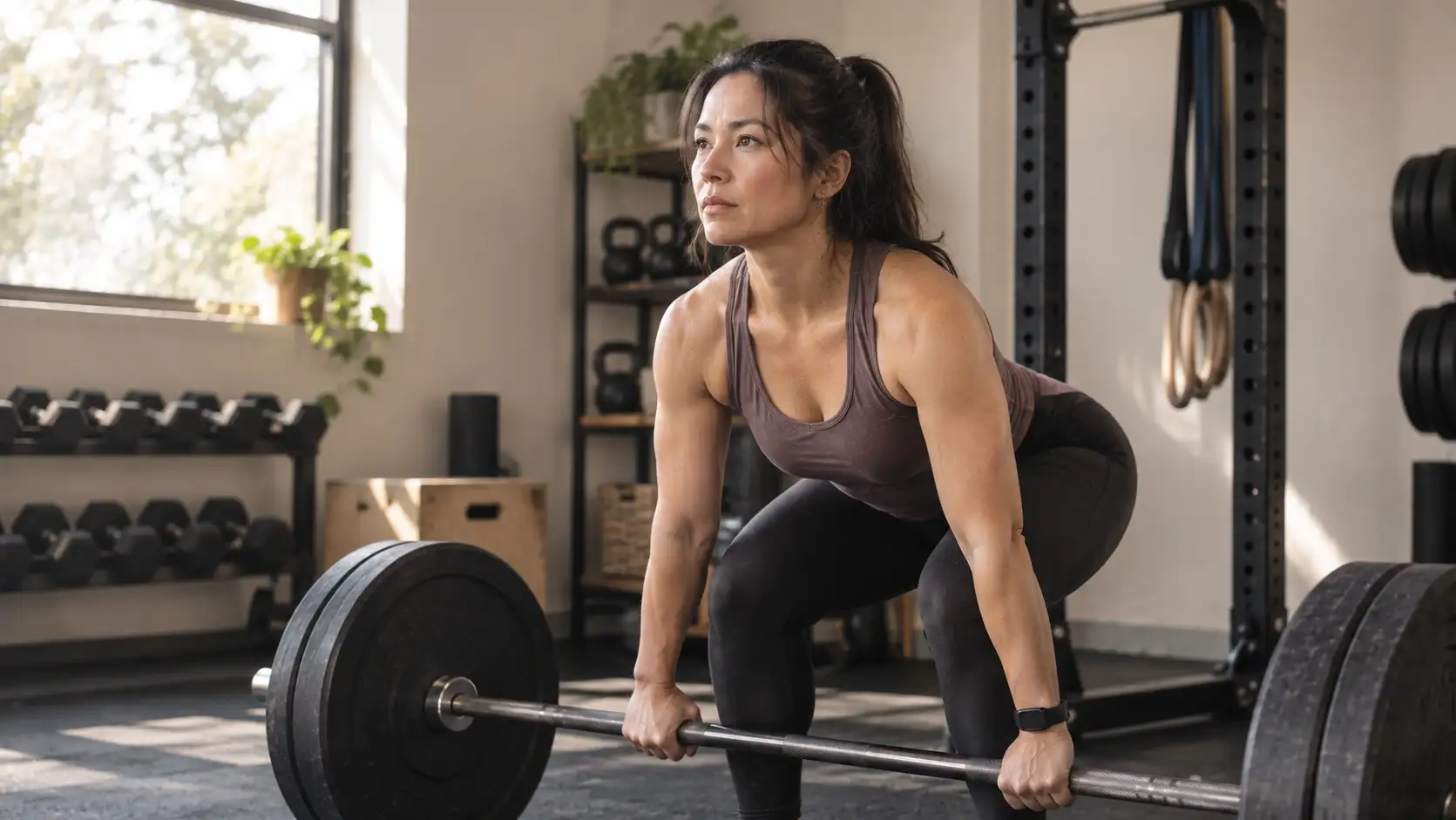 A woman in her 50s lifting a barbell in a private gym setting with natural window light and a focused expression.
