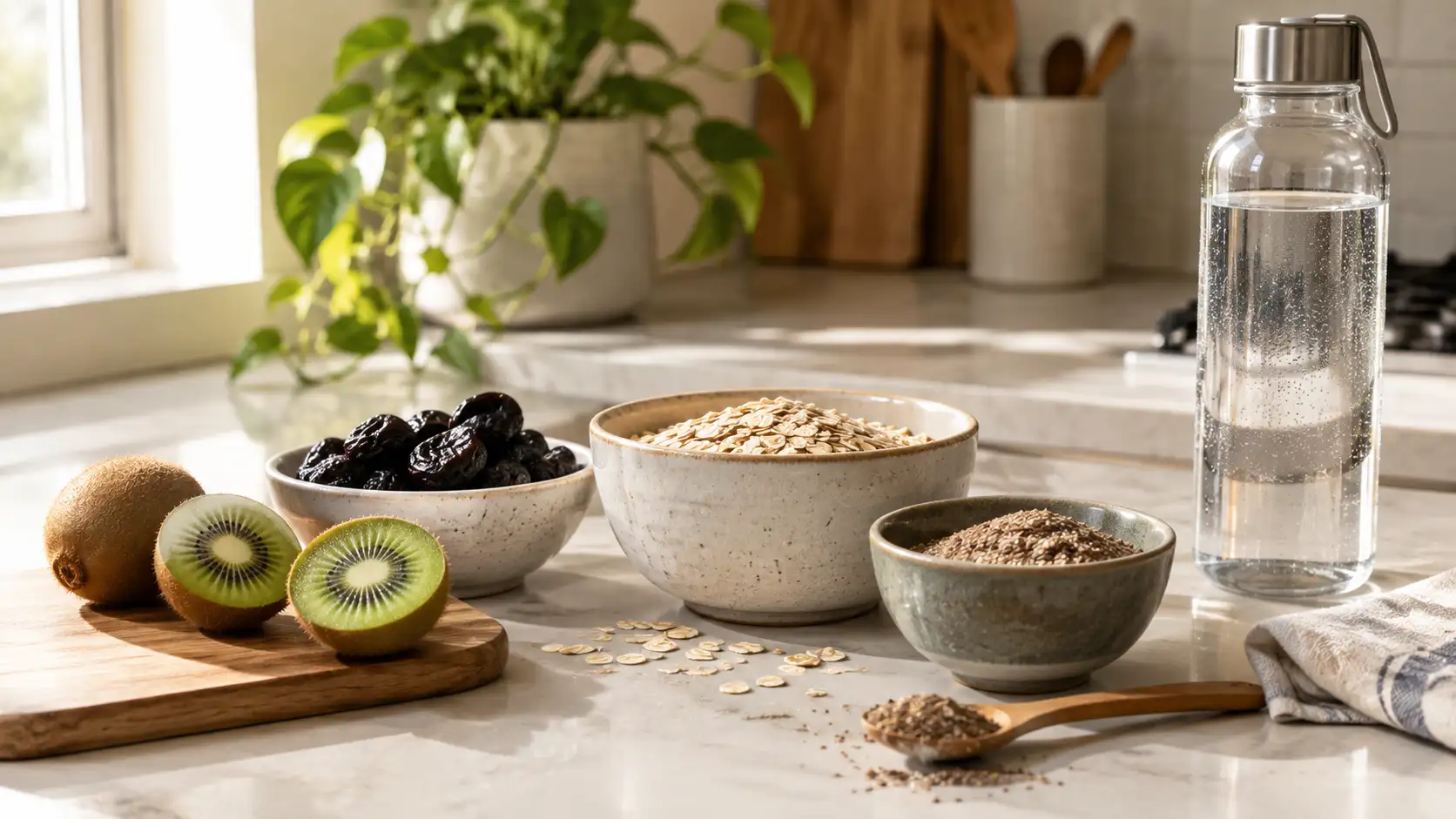 A kitchen counter with high-fibre foods including kiwis, prunes, oats, ground flax, and a water bottle in soft natural light.