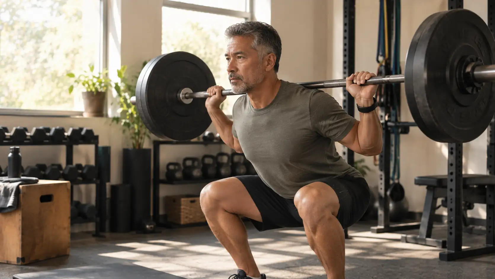 man in his 50s or 60s performing a controlled squat in a well-lit private gym