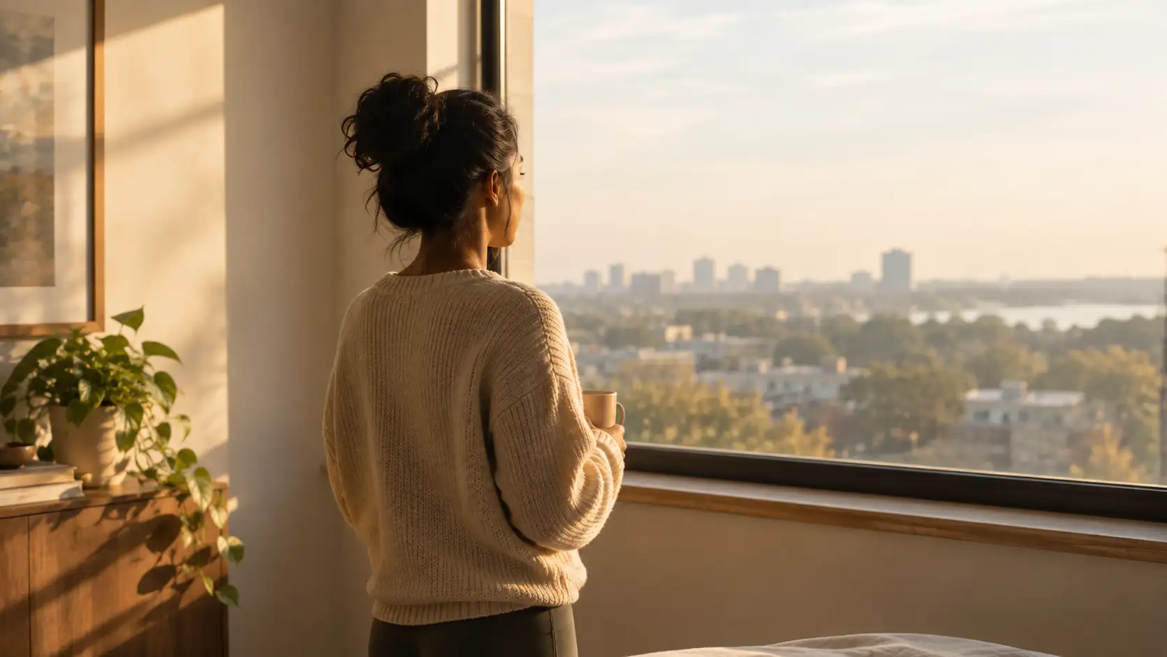 A person seen from behind standing at a window in soft morning light, calm and thoughtful.