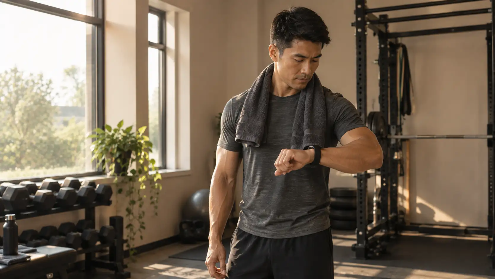 A professional in workout gear checking a watch in a private gym at early morning with natural light.