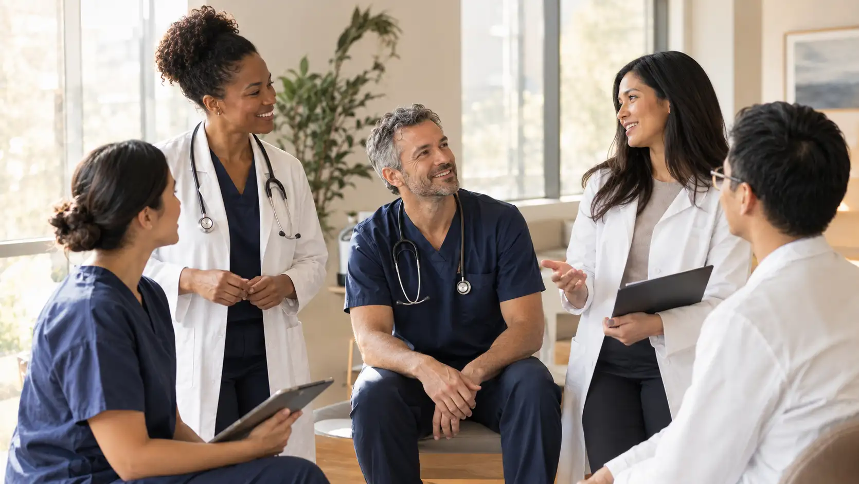A diverse group of health professionals in a bright modern clinic setting with warm natural light.