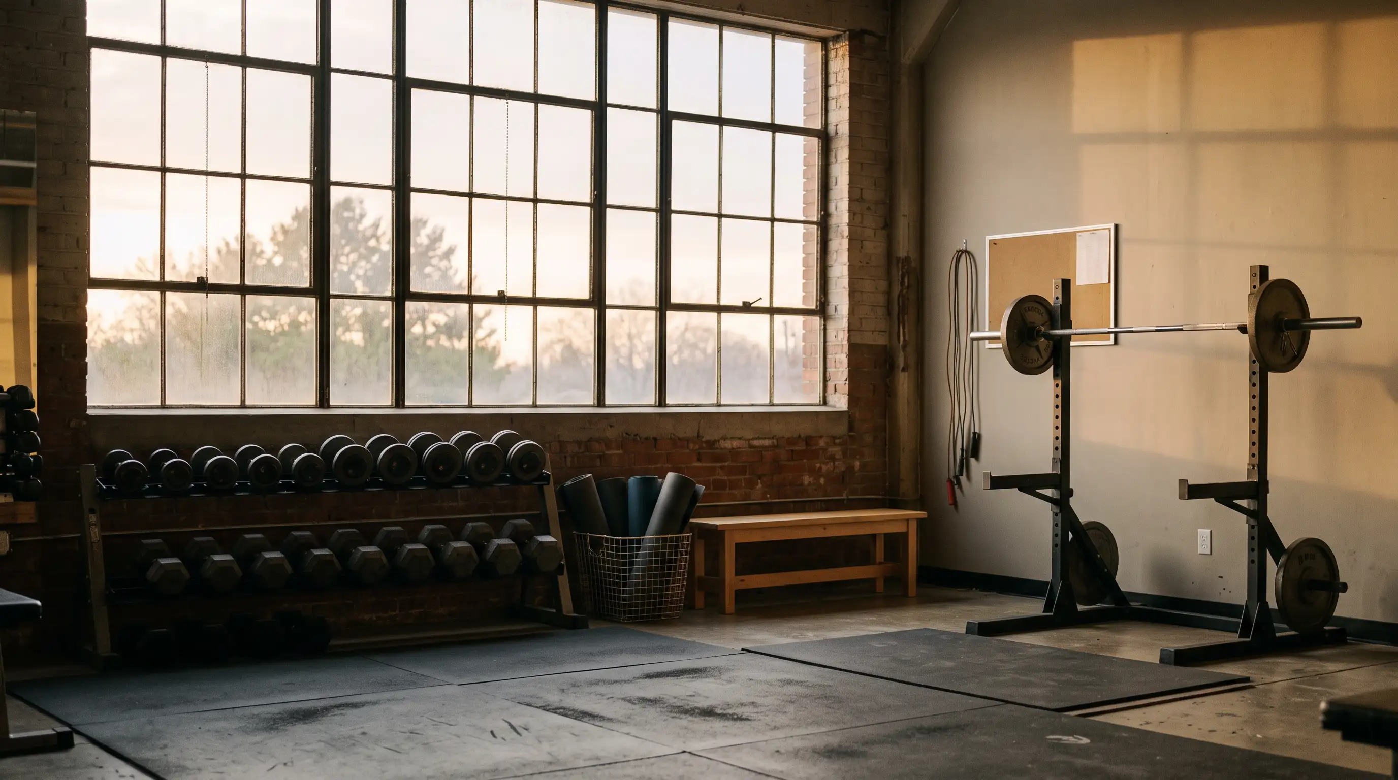 Soft morning light through a quiet gym window with empty space and a calm atmosphere.