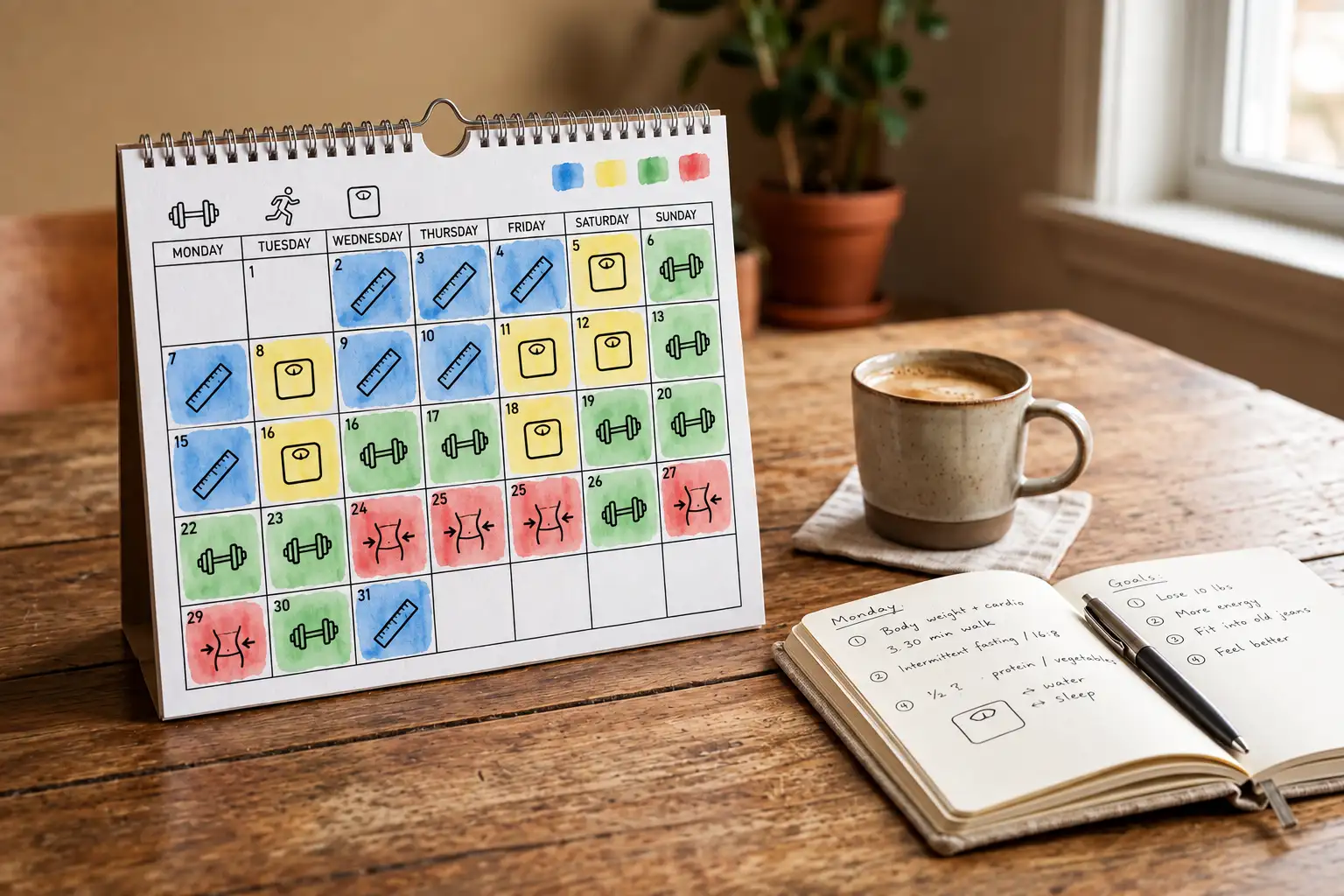 A wall calendar with training blocks colour-coded for fat loss, maintenance, building, and mini-cut phases beside a coffee cup and notebook on a wooden table.
