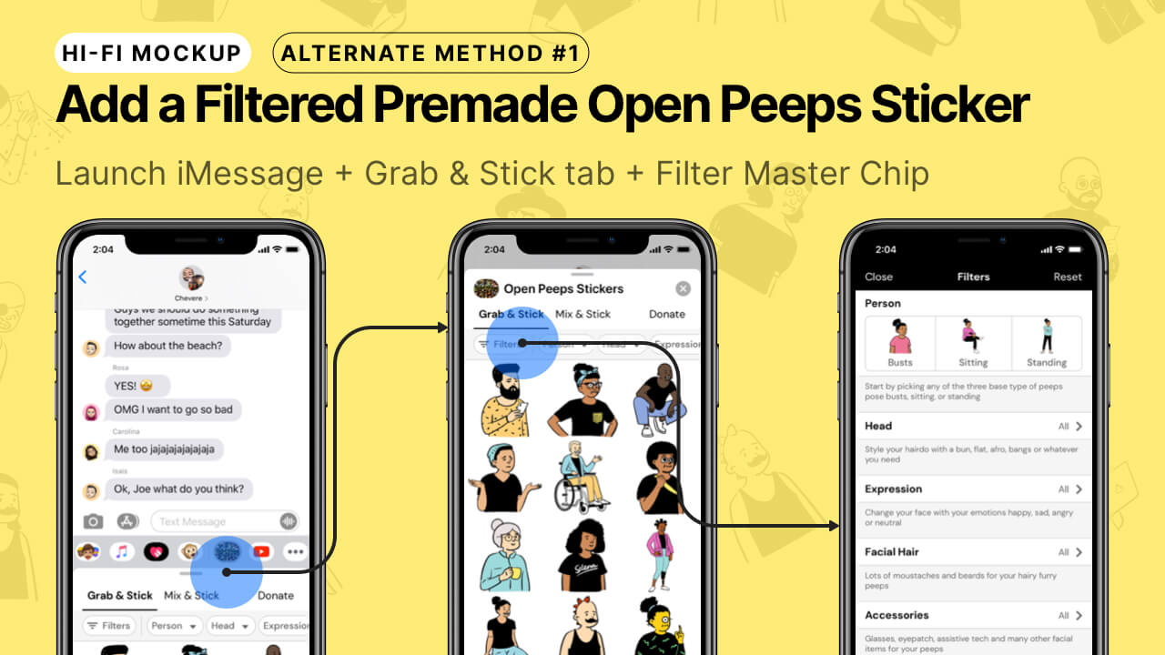 Open Peeps Stickers - Thumbnail Image #6 - Launch iMessage + Add a Filtered Premade Open Peeps Sticker Via Filtered Page Flow