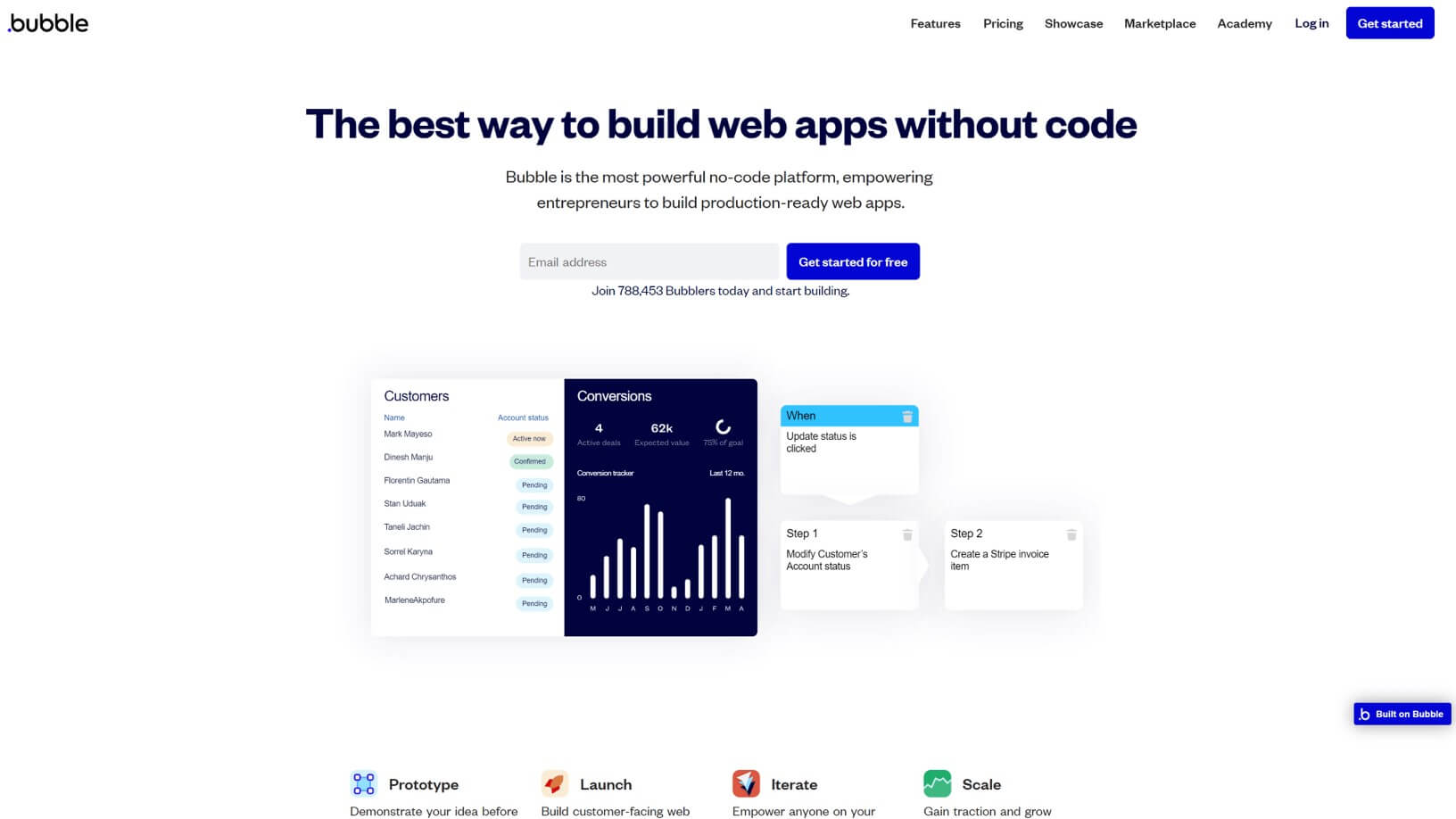 The home page for Bubble webapp