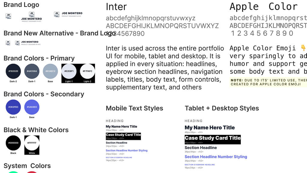 A sample screenshot of my visual style guide for my own portfolio website