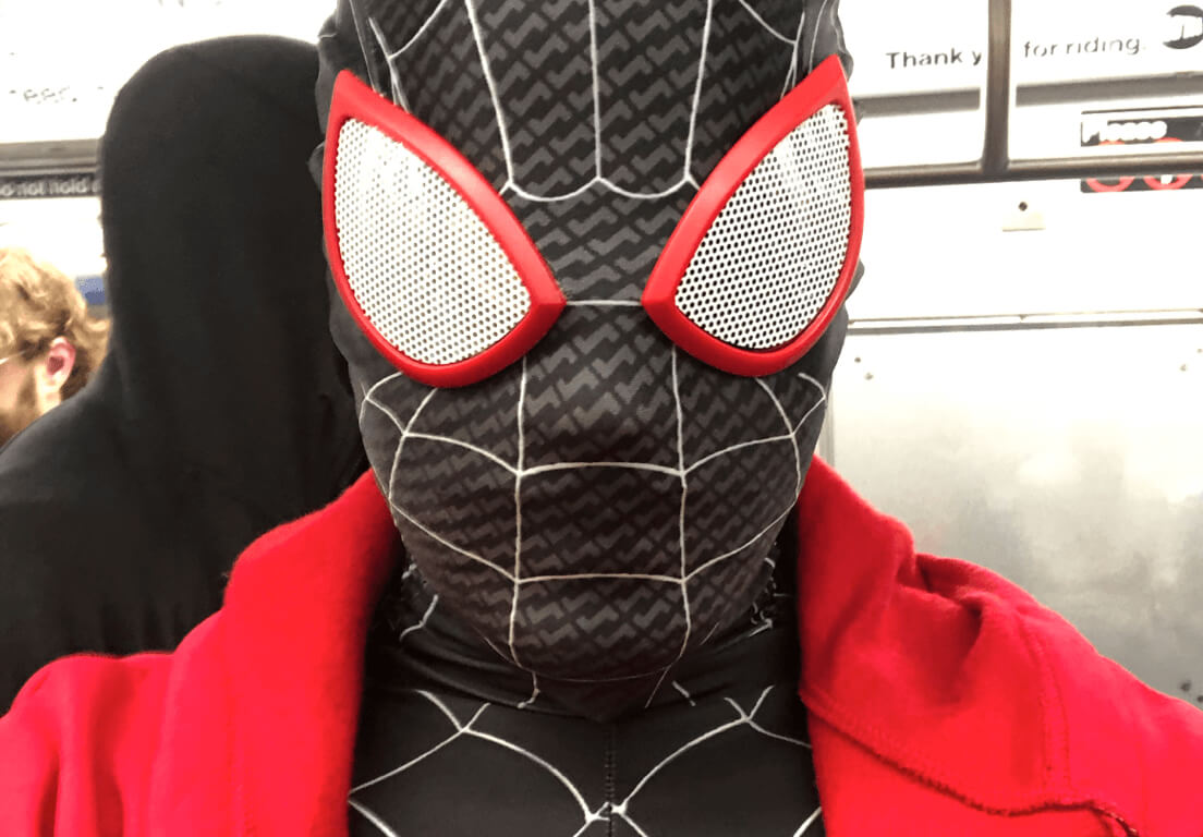 A selfie picture of me in my Spider-Man Miles Morales costume heading to the New York City Comic Con (NYCC) 2019