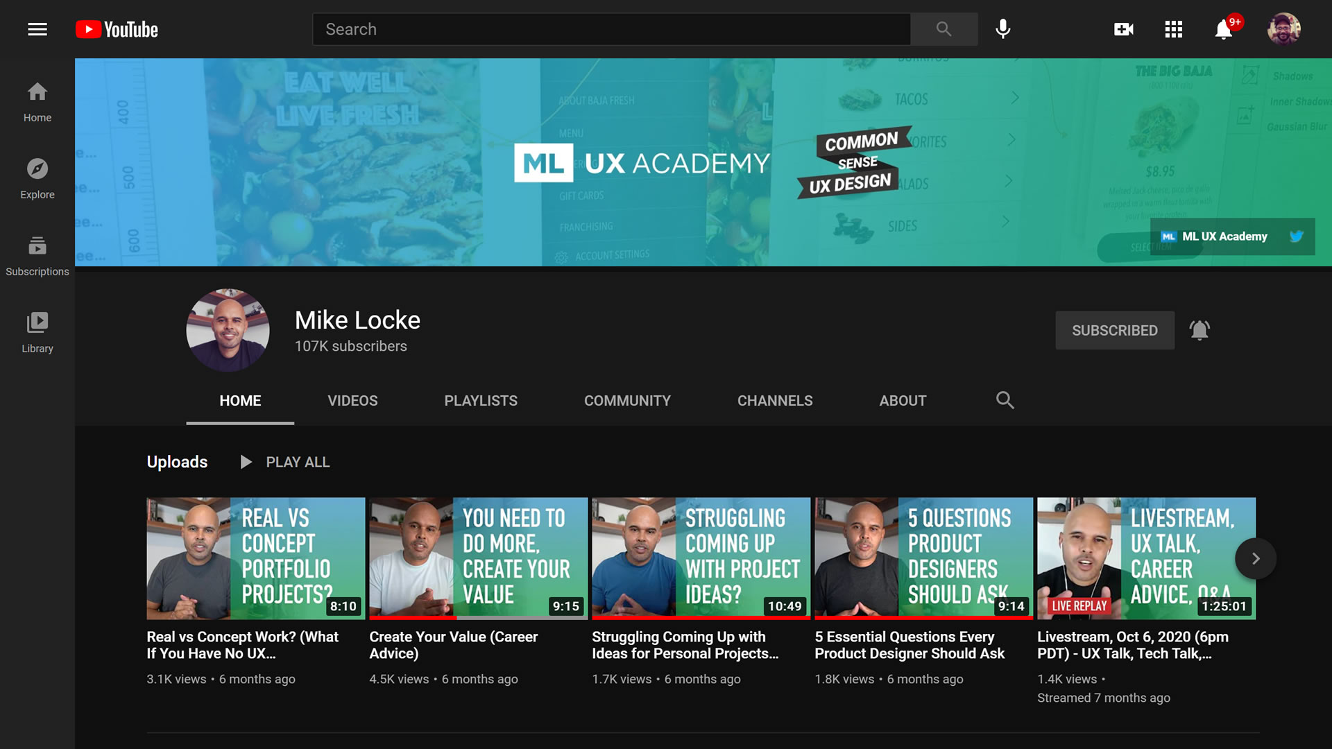 Home page of Mike Locke YouTube channel that provides UX/UI Design career advice and strategy