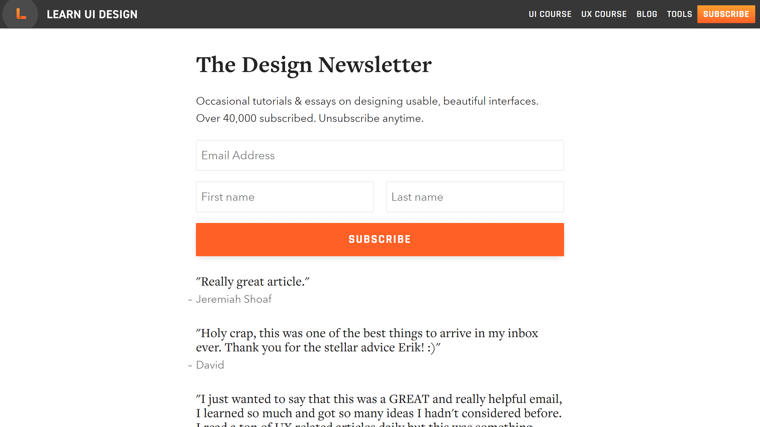 Erik Kennedy's Design Newsletter subscription that provides free, original design tutorials articles