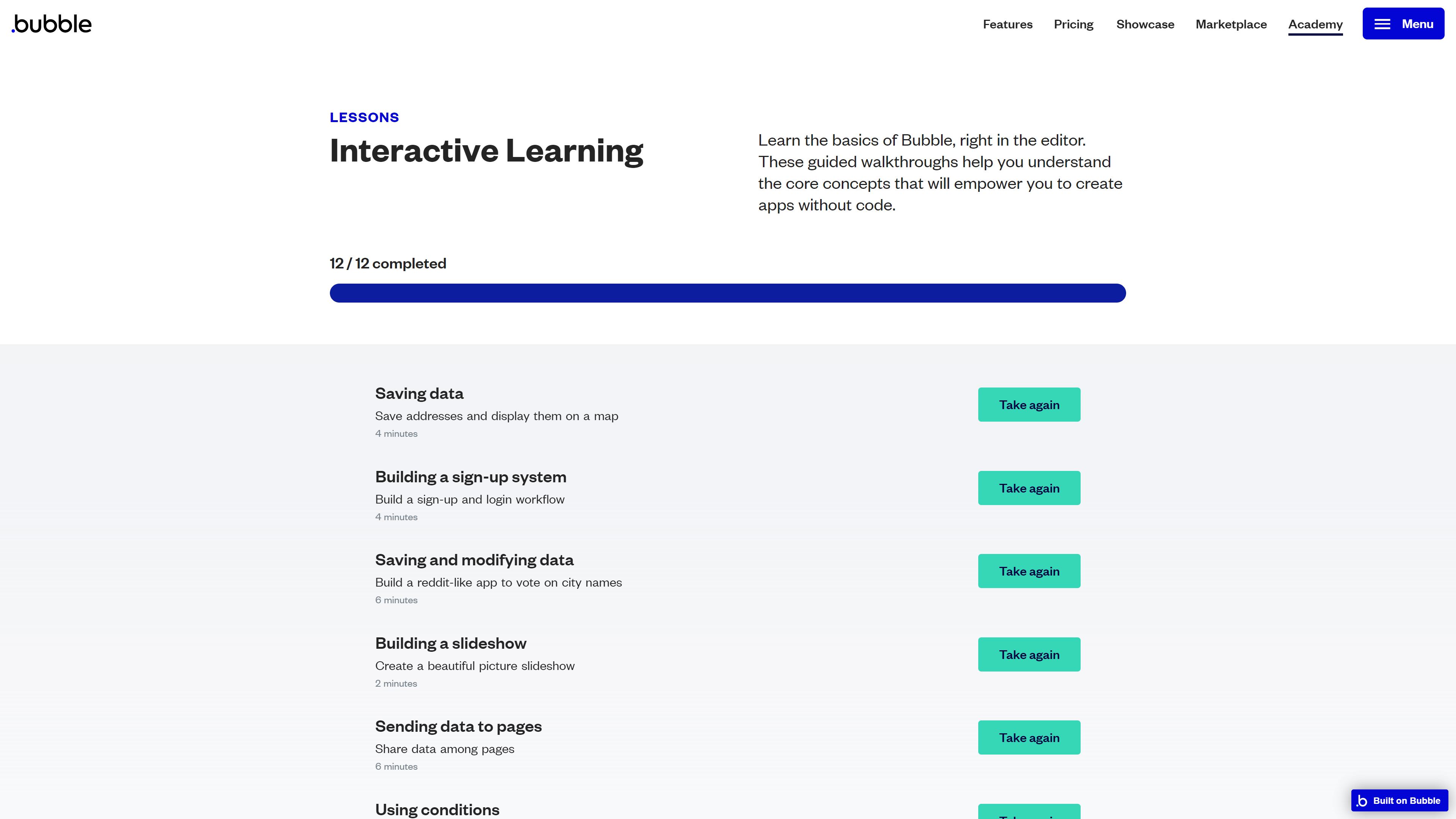 All of Bubble's interactive lessons completed by me