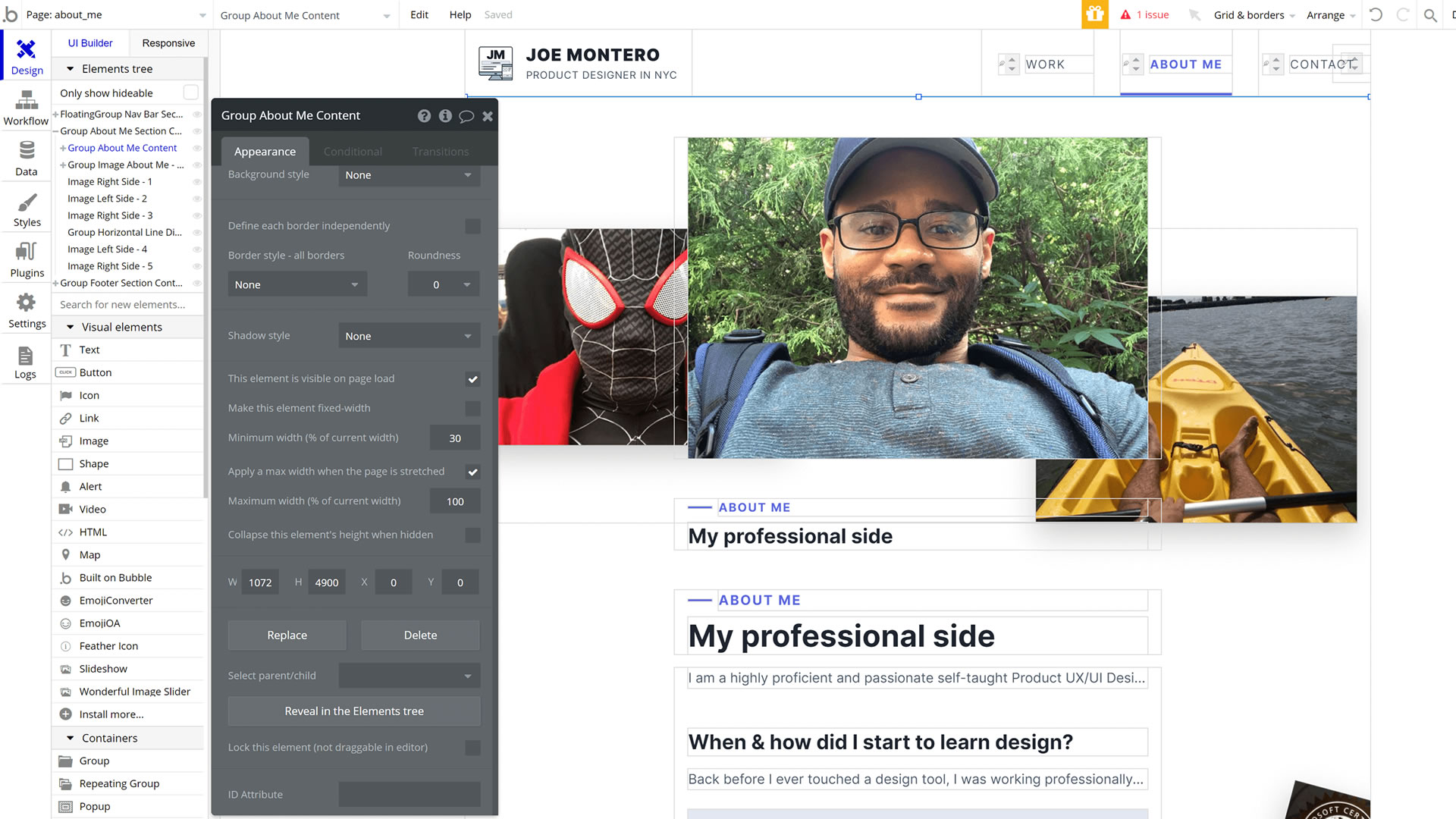 Me using the Bubble web editor and designing the About Me page for my UX/UI design portfolio website