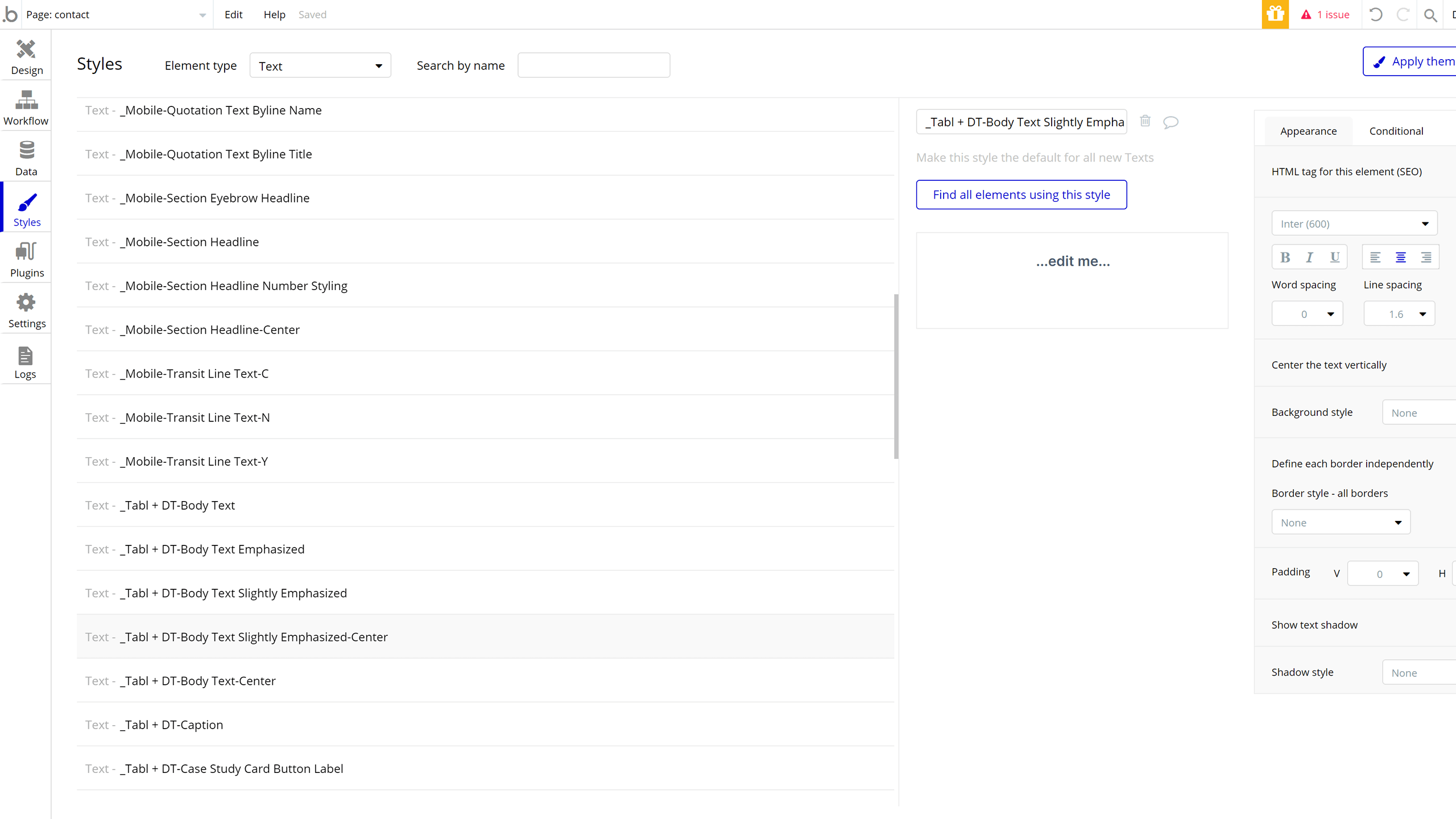 A list of my text style used for my portfolio website