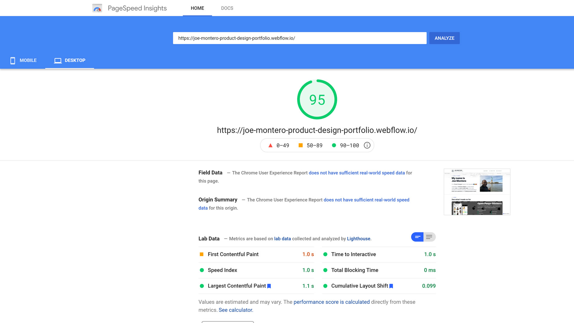 Google page speed test insight results for my Webflow home page
