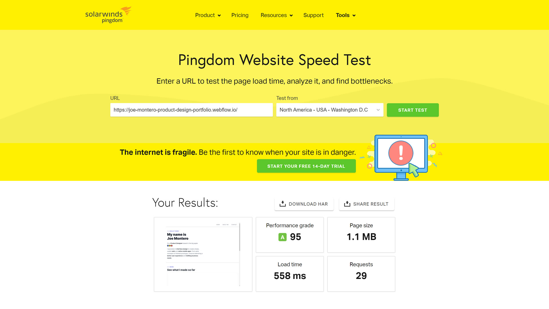 Pingdom website speed test results for my Webflow home page