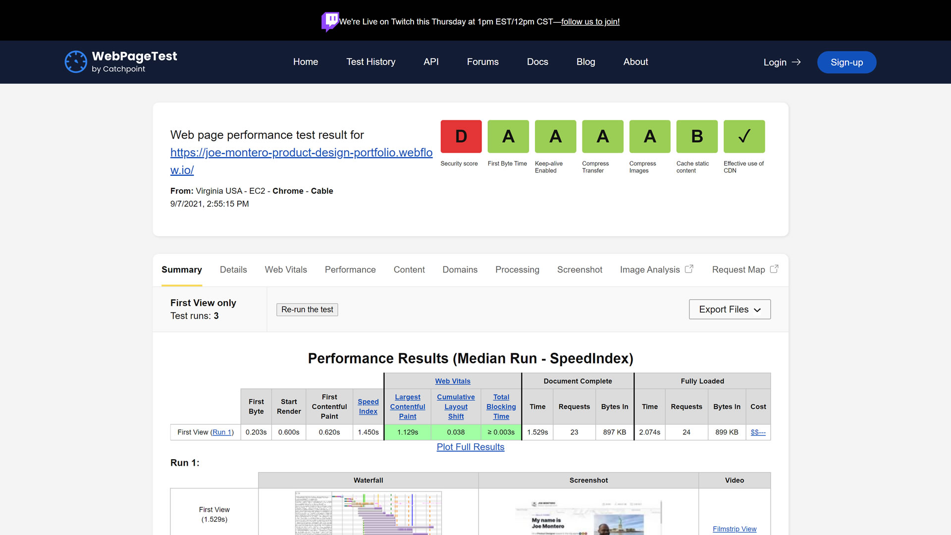 WebPageTest performance test results for my Webflow home page
